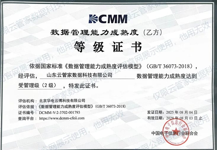 数据管理能力成熟度（乙方）2 级，中国电子信息行业联合会颁发